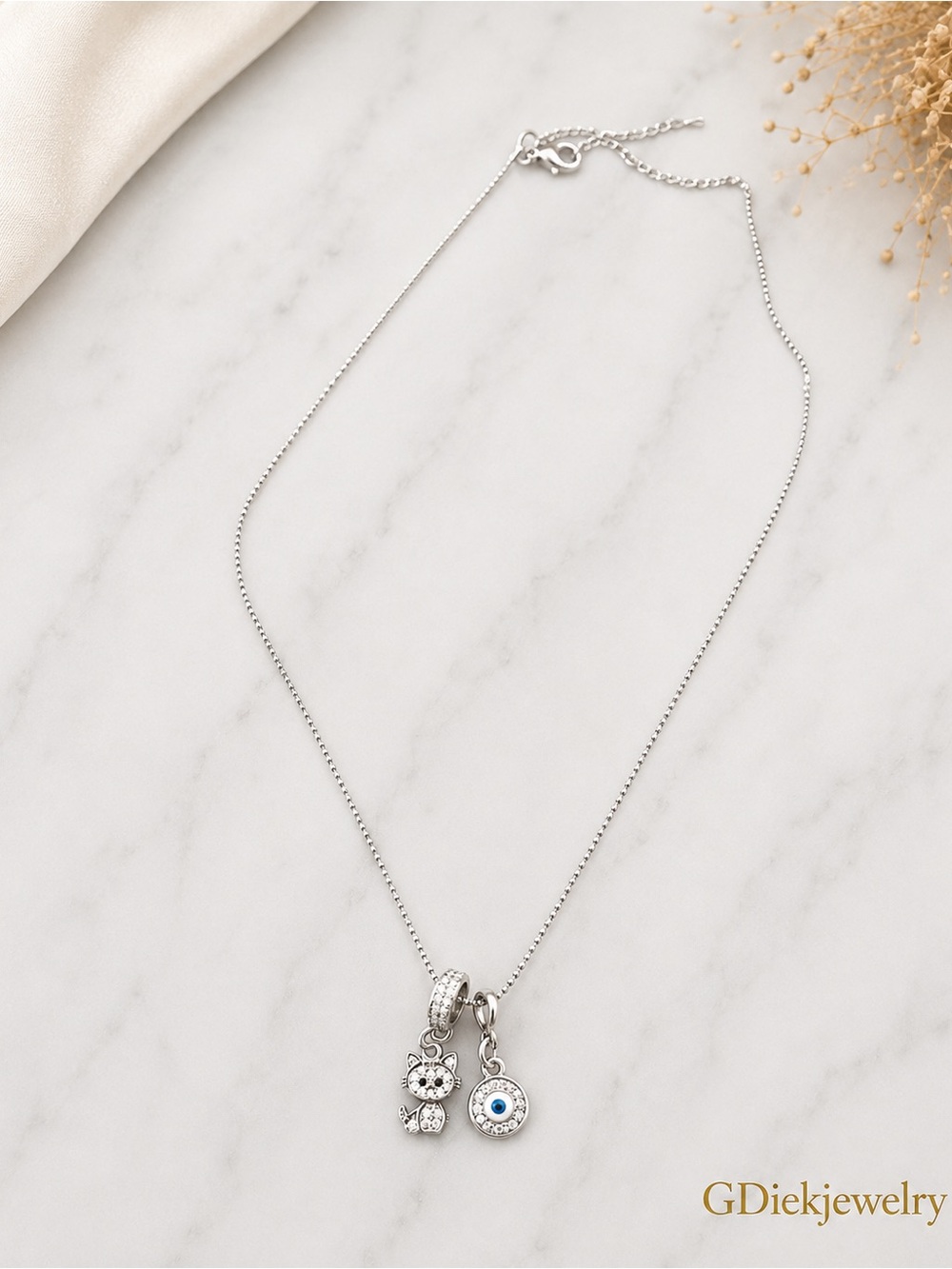 Silver Kitty and Evil Eye Pendant Necklace - Silver - Picture 1 of 1
